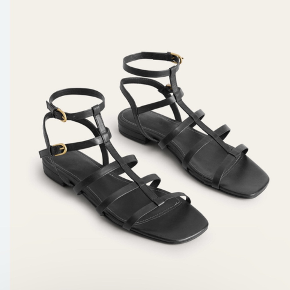 Boden Black Strappy Leather Ankle‑Buckle Sandals